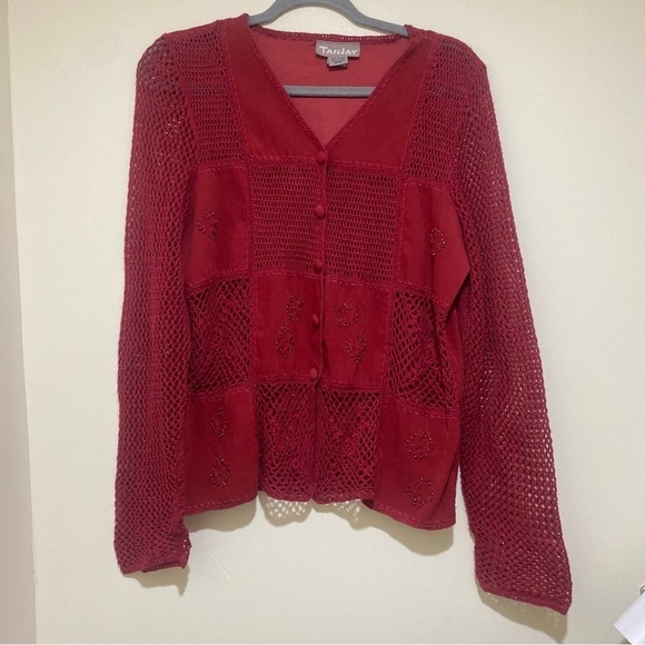 TanJay Tops - Women’s Vintage 70’s Crochet Suede Button Down Shirt with Beaded Details Size: M